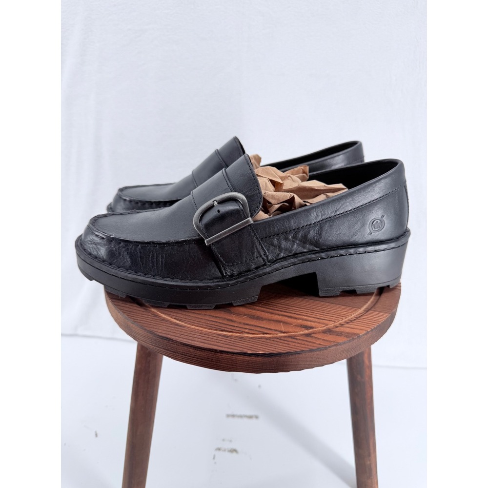Born Black Leather Lug Sole Loafers Buckle Detail Shoes BR0054403 Women 9.5M